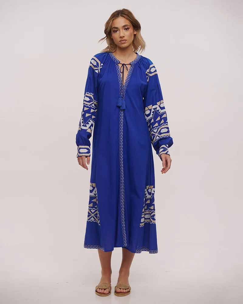 ΦΟΡΕΜΑ/ΚΑΦΤΑΝΙ ΜΑΚΡΥ ΣΕ ΜΠΛΕ ΧΡΩΜΑ ΜΕ ΛΕΥΚΑ/ΜΠΕΖ ΚΕΝΤΗΜΑΤΑ ONE SIZE (100% COTTON)