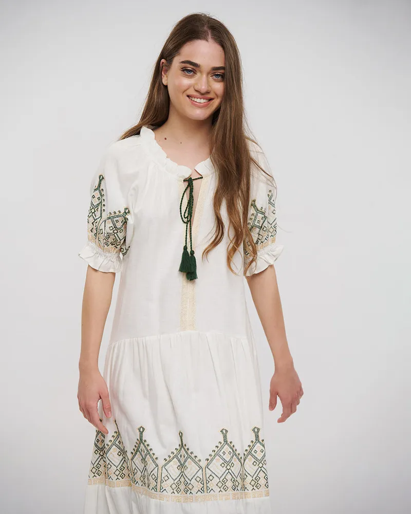 ΦΟΡΕΜΑ ΜΑΚΡΥ ΣΕ ΛΕΥΚΟ ΧΡΩΜΑ ΜΕ ΧΡΥΣΑ/ΠΡΑΣΙΝΑ ΚΕΝΤΗΜΑΤΑ ONE SIZE (100% COTTON)