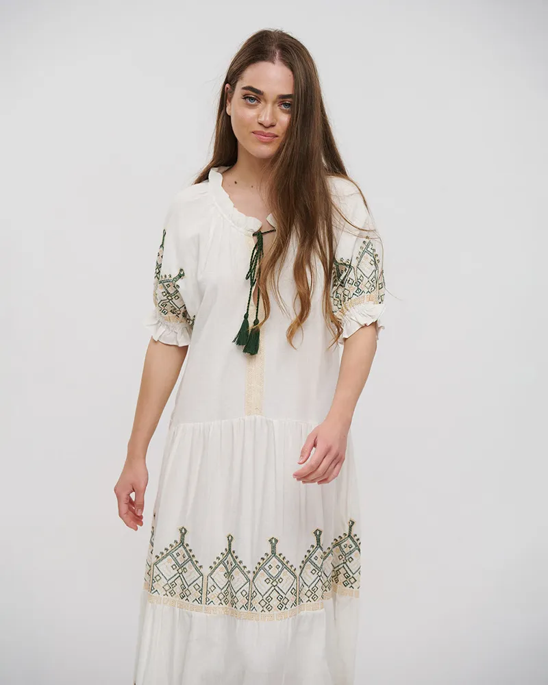 ΦΟΡΕΜΑ ΜΑΚΡΥ ΣΕ ΛΕΥΚΟ ΧΡΩΜΑ ΜΕ ΧΡΥΣΑ/ΠΡΑΣΙΝΑ ΚΕΝΤΗΜΑΤΑ ONE SIZE (100% COTTON)