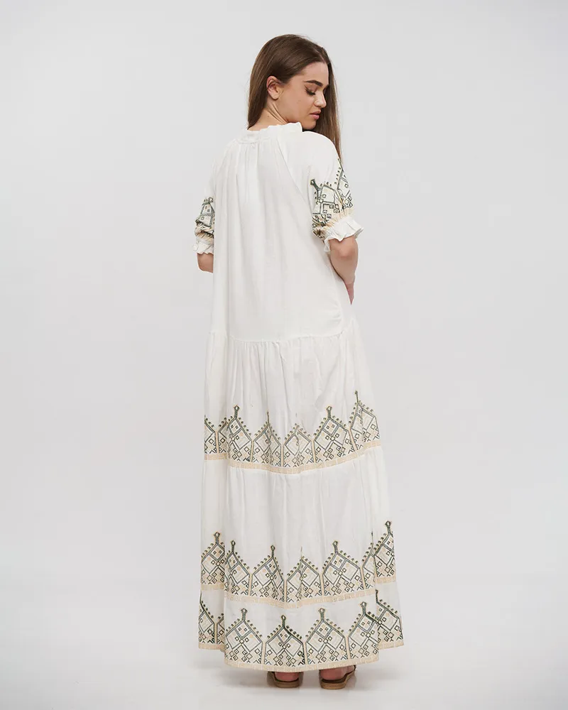 ΦΟΡΕΜΑ ΜΑΚΡΥ ΣΕ ΛΕΥΚΟ ΧΡΩΜΑ ΜΕ ΧΡΥΣΑ/ΠΡΑΣΙΝΑ ΚΕΝΤΗΜΑΤΑ ONE SIZE (100% COTTON)