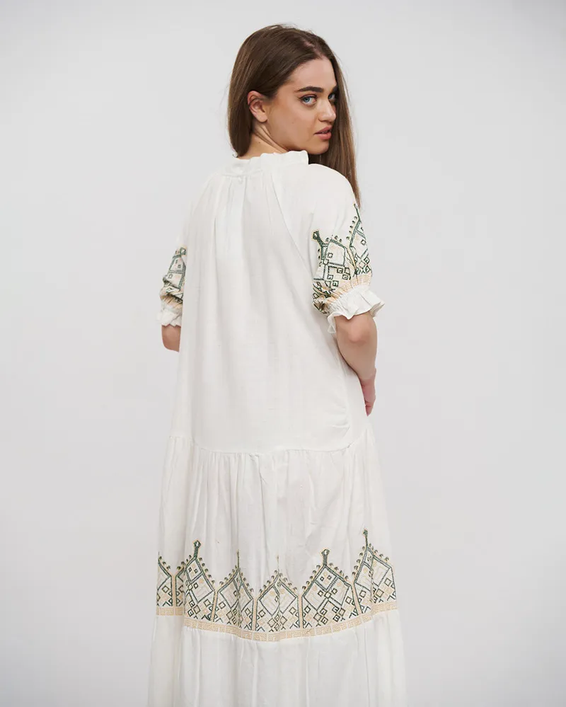 ΦΟΡΕΜΑ ΜΑΚΡΥ ΣΕ ΛΕΥΚΟ ΧΡΩΜΑ ΜΕ ΧΡΥΣΑ/ΠΡΑΣΙΝΑ ΚΕΝΤΗΜΑΤΑ ONE SIZE (100% COTTON)