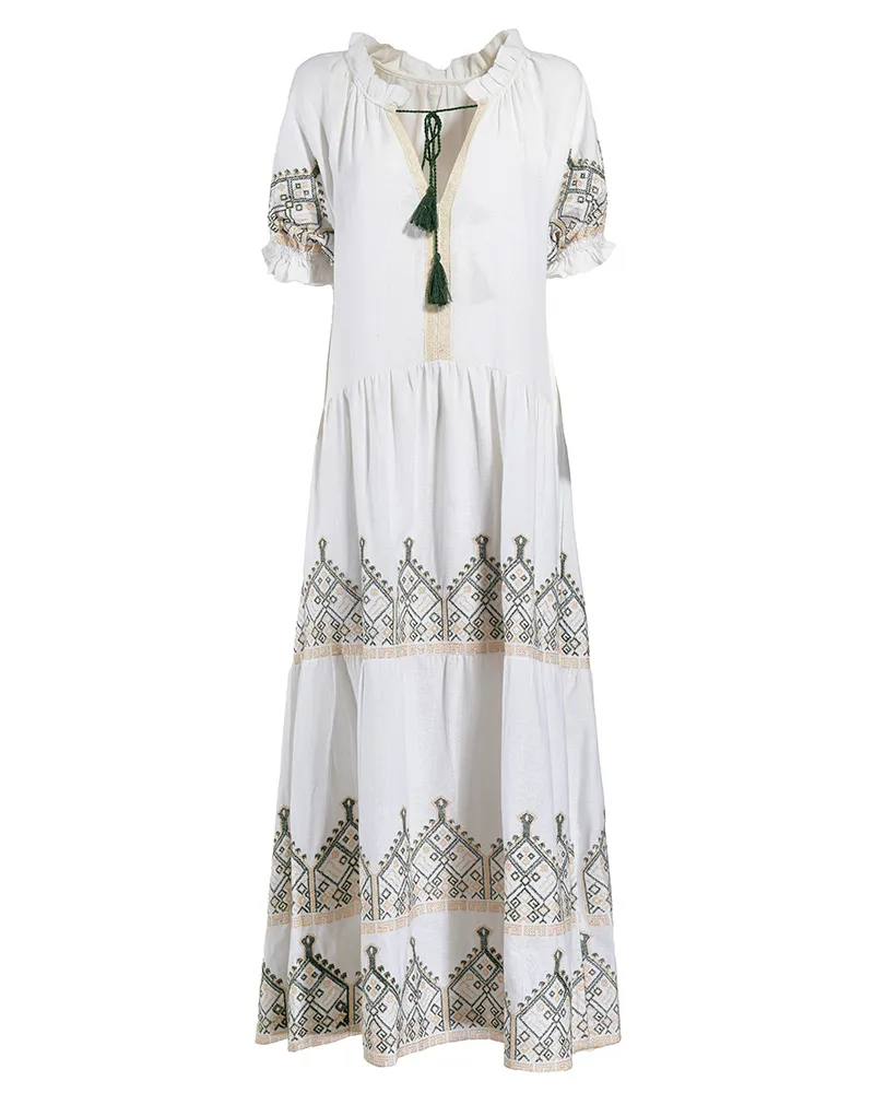 ΦΟΡΕΜΑ ΜΑΚΡΥ ΣΕ ΛΕΥΚΟ ΧΡΩΜΑ ΜΕ ΧΡΥΣΑ/ΠΡΑΣΙΝΑ ΚΕΝΤΗΜΑΤΑ ONE SIZE (100% COTTON)