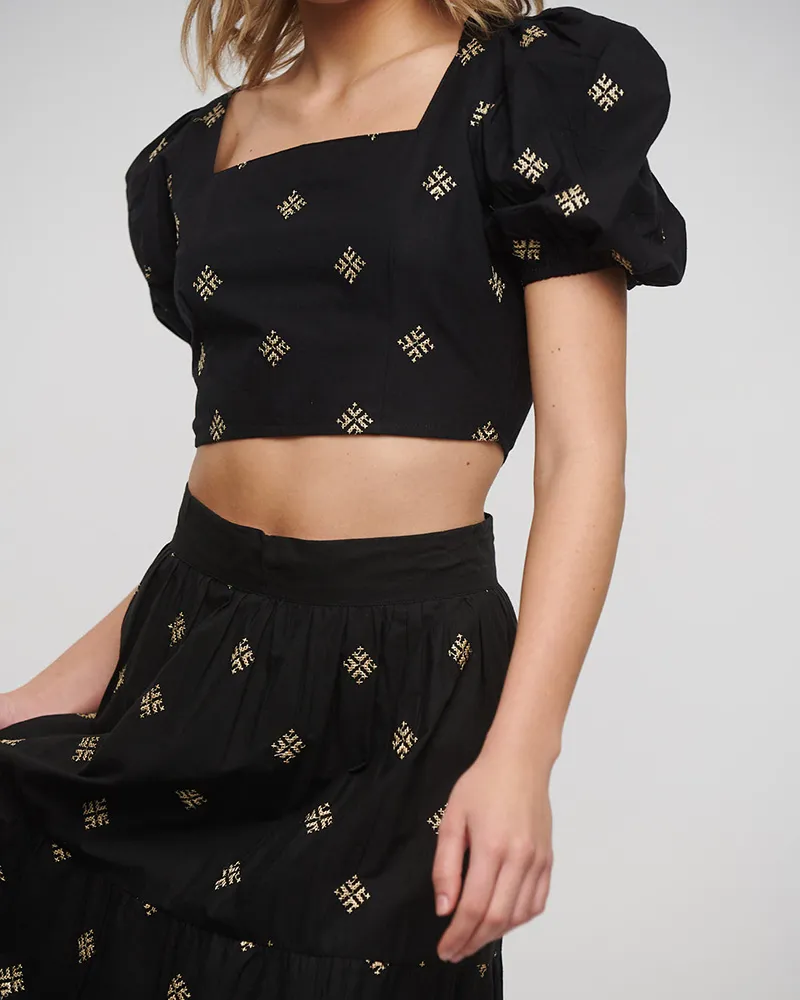 S/2 ΤΟΠ ΚΑΙ ΦΟΥΣΤΑ ΣΕ ΜΑΥΡΟ ΧΡΩΜΑ ΜΕ ΧΡΥΣΑ ΚΕΝΤΗΜΑΤΑ ONE SIZE (100% COTTON)