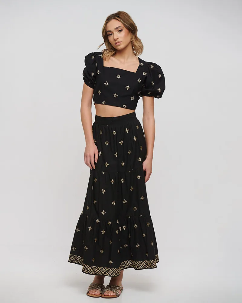 S/2 ΤΟΠ ΚΑΙ ΦΟΥΣΤΑ ΣΕ ΜΑΥΡΟ ΧΡΩΜΑ ΜΕ ΧΡΥΣΑ ΚΕΝΤΗΜΑΤΑ ONE SIZE (100% COTTON)