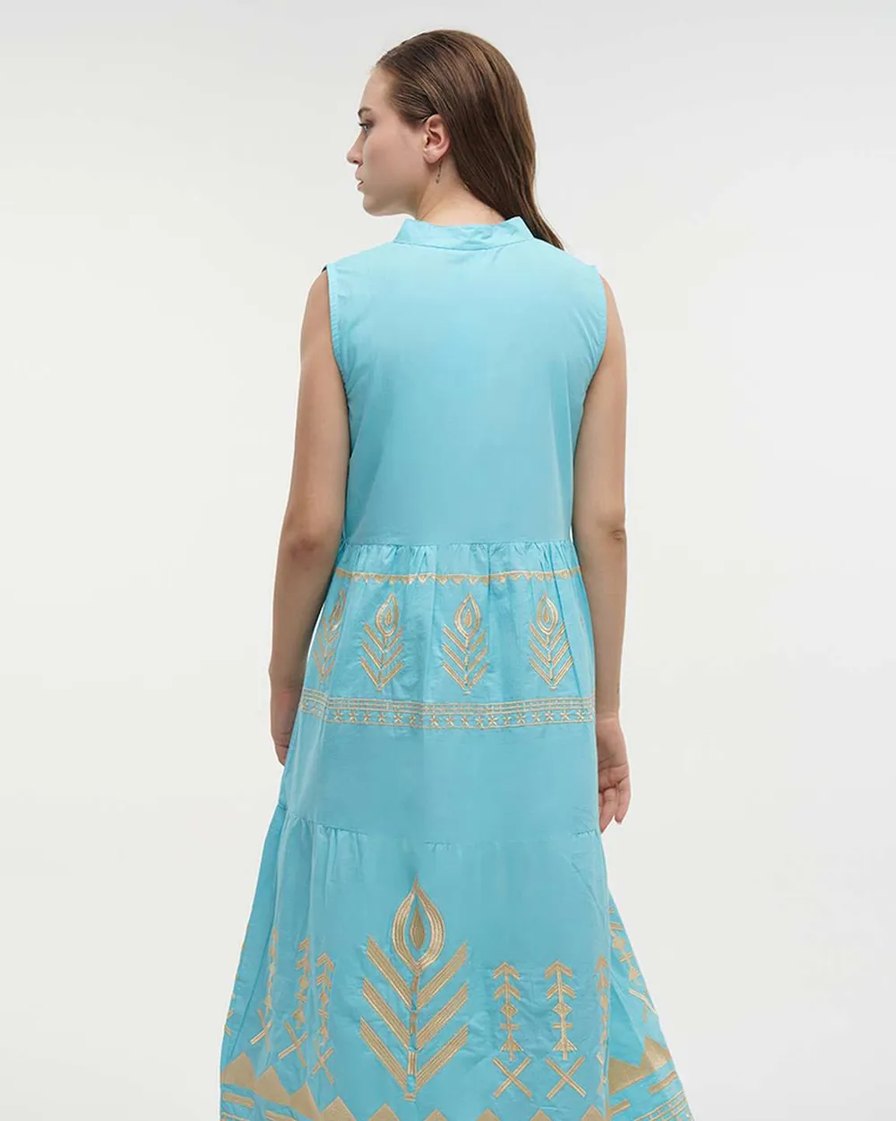 ΦΟΡΕΜΑ ΜΑΚΡΥ ΑΜΑΝΙΚΟ ΣΕ ΓΑΛΑΖΙΟ ΧΡΩΜΑ ΜΕ ΧΡΥΣΑ ΚΕΝΤΗΜΑΤΑ ONE SIZE (100% COTTON)