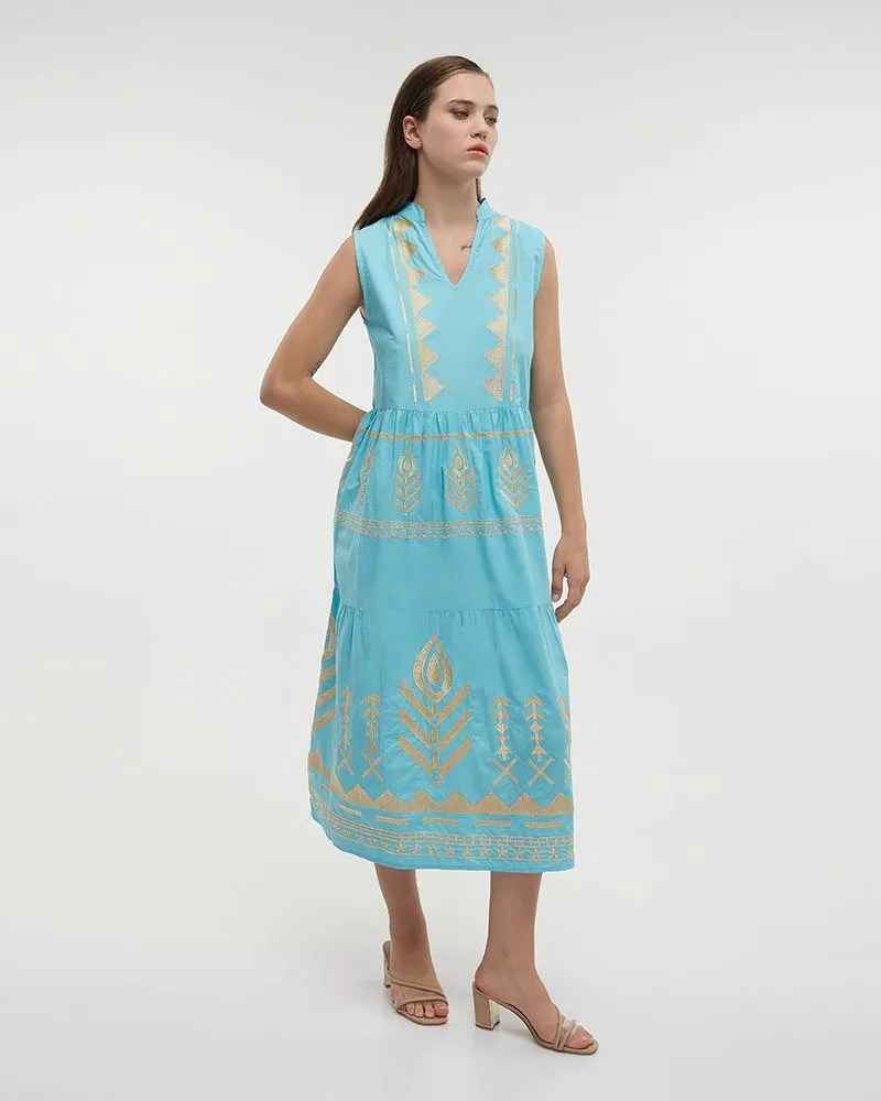 ΦΟΡΕΜΑ ΜΑΚΡΥ ΑΜΑΝΙΚΟ ΣΕ ΓΑΛΑΖΙΟ ΧΡΩΜΑ ΜΕ ΧΡΥΣΑ ΚΕΝΤΗΜΑΤΑ ONE SIZE (100% COTTON)