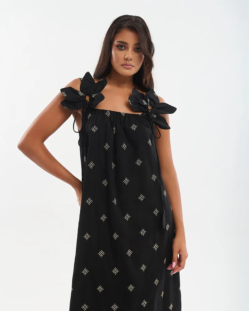 ΦΟΡΕΜΑ ΜΑΚΡΥ ΑΜΑΝΙΚΟ ΜΑΥΡΟ ΜΕ ΜΠΕΖ ΚΕΝΤΗΜΑΤΑ ΚΑΙ ΛΟΥΛΟΥΔΙΑ ONE SIZE (100% COTTON)