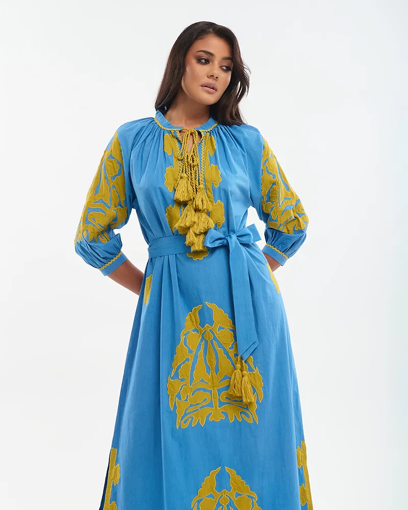 ΦΟΡΕΜΑ ΜΑΚΡΥ ΜΕ 3/4 ΜΑΝΙΚΙ ΜΠΛΕ ΜΕ ΧΡΥΣΑ ΚΕΝΤΗΜΑΤΑ ONE SIZE (100% COTTON)