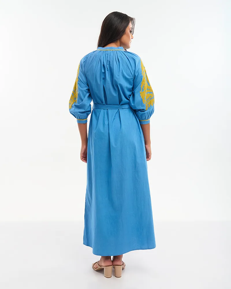 ΦΟΡΕΜΑ ΜΑΚΡΥ ΜΕ 3/4 ΜΑΝΙΚΙ ΜΠΛΕ ΜΕ ΧΡΥΣΑ ΚΕΝΤΗΜΑΤΑ ONE SIZE (100% COTTON)