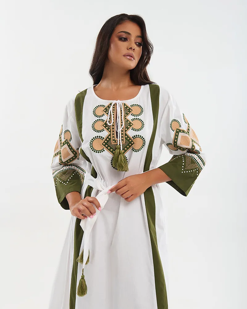 ΦΟΡΕΜΑ ΜΑΚΡΥ ΜΕ ΚΟΝΤΟ ΜΑΝΙΚΙ ΛΕΥΚΟ ΜΕ ΜΠΕΖ/ΠΡΑΣΙΝΑ ΚΕΝΤΗΜΑΤΑ ONE SIZE (100% COTTON)