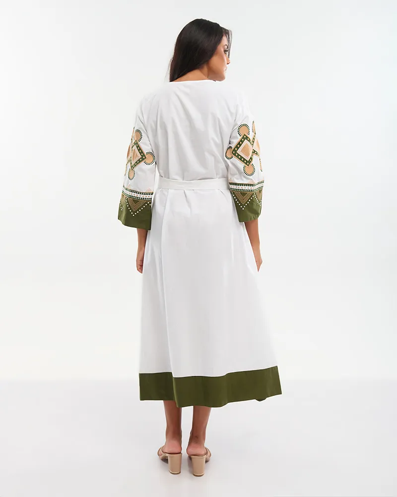 ΦΟΡΕΜΑ ΜΑΚΡΥ ΜΕ ΚΟΝΤΟ ΜΑΝΙΚΙ ΛΕΥΚΟ ΜΕ ΜΠΕΖ/ΠΡΑΣΙΝΑ ΚΕΝΤΗΜΑΤΑ ONE SIZE (100% COTTON)