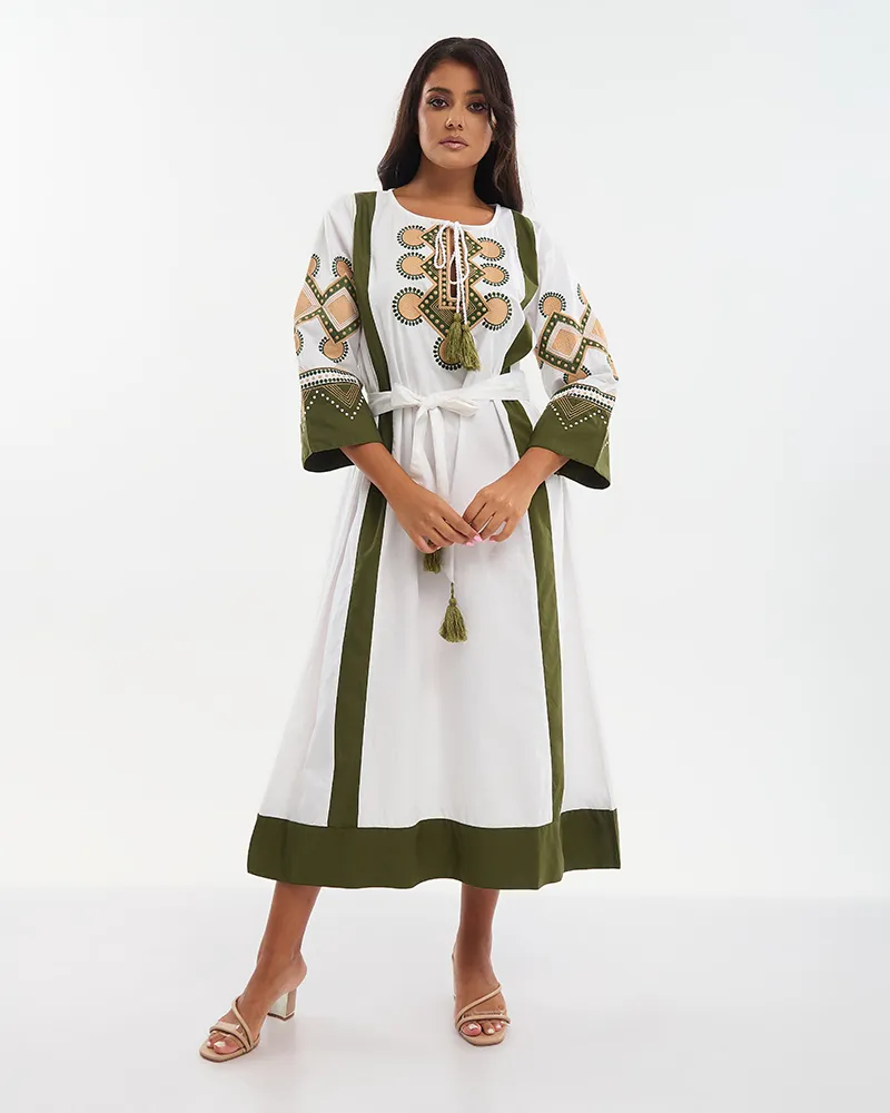 ΦΟΡΕΜΑ ΜΑΚΡΥ ΜΕ ΚΟΝΤΟ ΜΑΝΙΚΙ ΛΕΥΚΟ ΜΕ ΜΠΕΖ/ΠΡΑΣΙΝΑ ΚΕΝΤΗΜΑΤΑ ONE SIZE (100% COTTON)