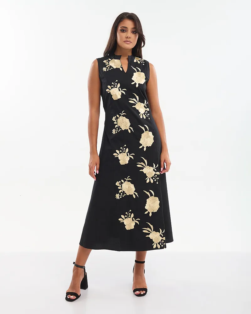 ΦΟΡΕΜΑ ΜΑΚΡΥ ΑΜΑΝΙΚΟ ΜΑΥΡΟ ΜΕ ΧΡΥΣΑ ΚΕΝΤΗΤΑ ΛΟΥΛΟΥΔΙΑ ONE SIZE (100% COTTON)