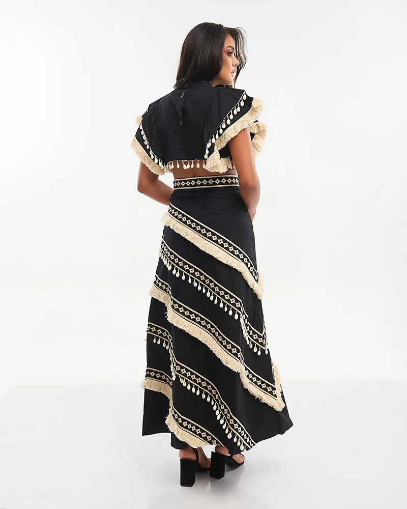 S/2 ΤΟΠ ΚΟΝΤΟ ΑΜΑΝΙΚΟ ΚΑΙ ΦΟΥΣΤΑ ΜΑΚΡΙΑ ΜΑΥΡΟ ΜΕ ΜΠΕΖ ΚΕΝΤΗΜΑΤΑ ONE SIZE (100% COTTON)