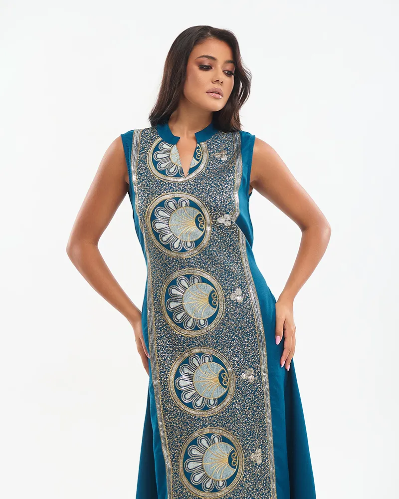 ΦΟΡΕΜΑ ΜΑΚΡΥ ΑΜΑΝΙΚΟ ΜΠΛΕ ΜΕ ΧΡΥΣΑ ΚΕΝΤΗΜΑΤΑ ONE SIZE (100% COTTON)