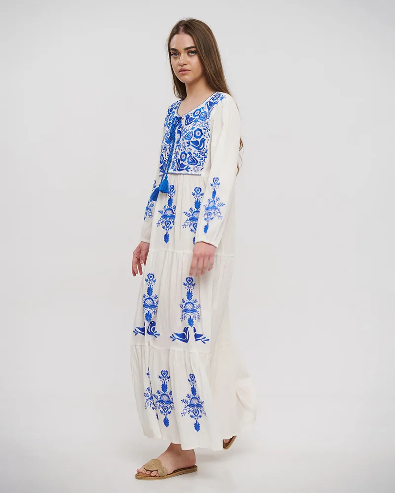 ΦΟΡΕΜΑ ΜΑΚΡY ME ΜΑΚΡΥ MANIKI ΣΕ ΛΕΥΚΟ ΧΡΩΜΑ ΜΕ ΜΠΛΕ ΚΕΝΤΗΜΑΤΑ ONE SIZE (100% COTTON)