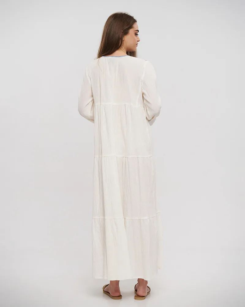 ΦΟΡΕΜΑ ΜΑΚΡY ME ΜΑΚΡΥ MANIKI ΣΕ ΛΕΥΚΟ ΧΡΩΜΑ ΜΕ ΜΠΛΕ ΚΕΝΤΗΜΑΤΑ ONE SIZE (100% COTTON)