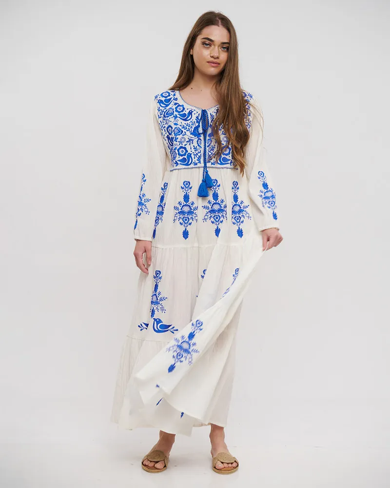 ΦΟΡΕΜΑ ΜΑΚΡY ME ΜΑΚΡΥ MANIKI ΣΕ ΛΕΥΚΟ ΧΡΩΜΑ ΜΕ ΜΠΛΕ ΚΕΝΤΗΜΑΤΑ ONE SIZE (100% COTTON)