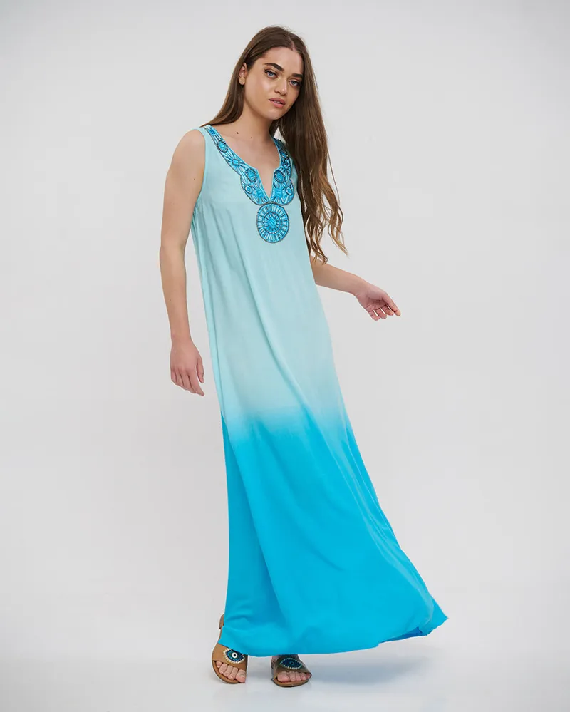 ΦΟΡΕΜΑ ΜΑΚΡΥ ΑΜΑΝΙΚΟ ΓΑΛΑΖΙΟ/ΤΥΡΚΟΥΑΖ ΟΜΠΡΕ ΜΕ ΧΑΝΤΡΕΣ ONE SIZE (100%RAYON)