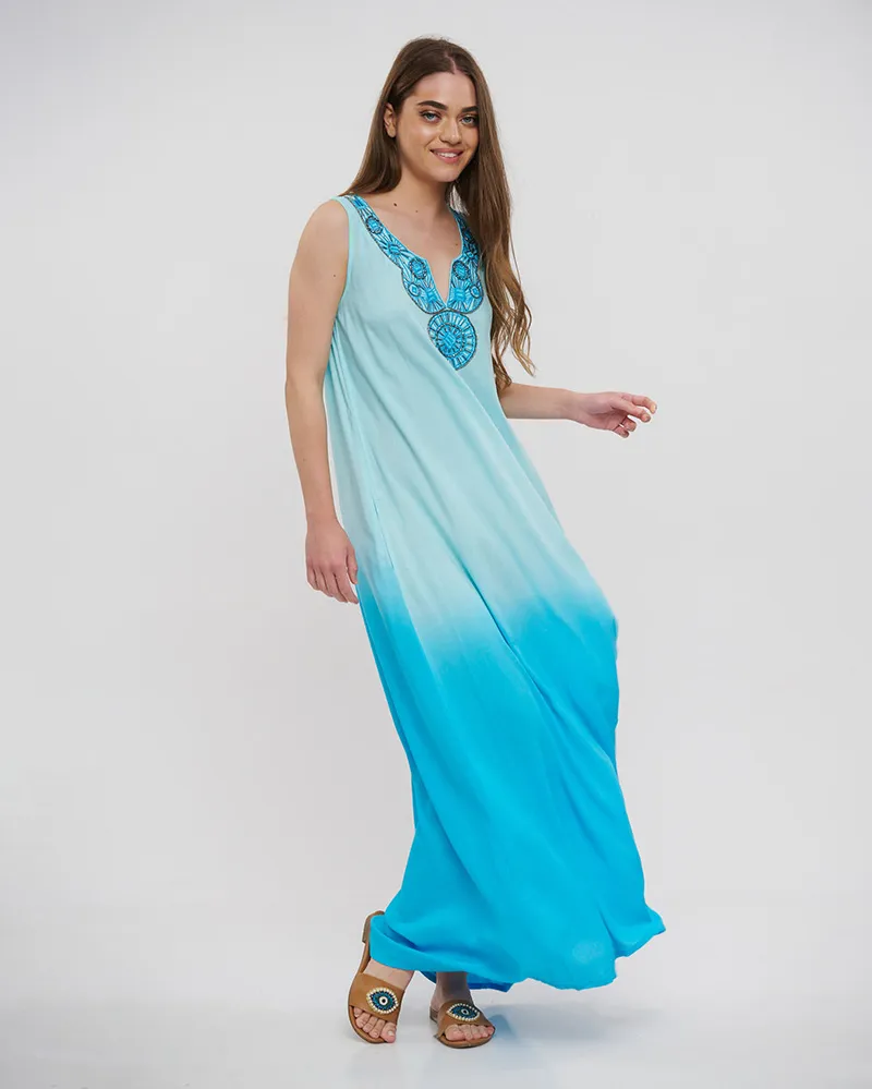 ΦΟΡΕΜΑ ΜΑΚΡΥ ΑΜΑΝΙΚΟ ΓΑΛΑΖΙΟ/ΤΥΡΚΟΥΑΖ ΟΜΠΡΕ ΜΕ ΧΑΝΤΡΕΣ ONE SIZE (100%RAYON)