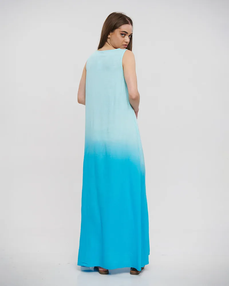 ΦΟΡΕΜΑ ΜΑΚΡΥ ΑΜΑΝΙΚΟ ΓΑΛΑΖΙΟ/ΤΥΡΚΟΥΑΖ ΟΜΠΡΕ ΜΕ ΧΑΝΤΡΕΣ ONE SIZE (100%RAYON)