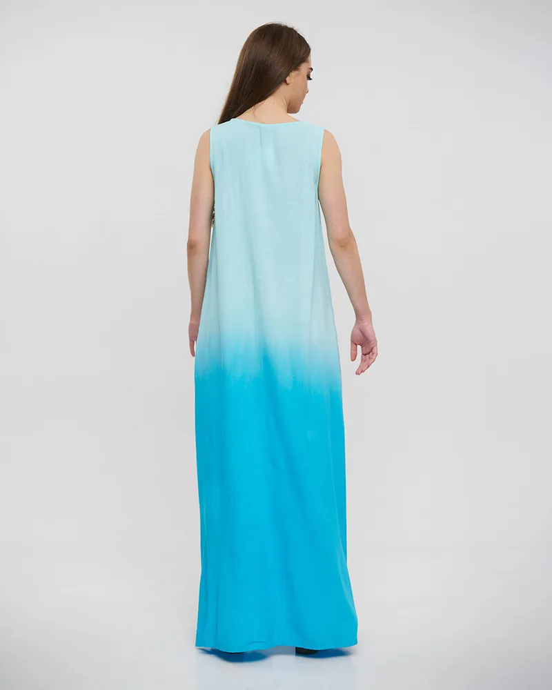 ΦΟΡΕΜΑ ΜΑΚΡΥ ΑΜΑΝΙΚΟ ΓΑΛΑΖΙΟ/ΤΥΡΚΟΥΑΖ ΟΜΠΡΕ ΜΕ ΧΑΝΤΡΕΣ ONE SIZE (100%RAYON)