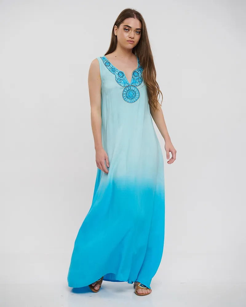 ΦΟΡΕΜΑ ΜΑΚΡΥ ΑΜΑΝΙΚΟ ΓΑΛΑΖΙΟ/ΤΥΡΚΟΥΑΖ ΟΜΠΡΕ ΜΕ ΧΑΝΤΡΕΣ ONE SIZE (100%RAYON)