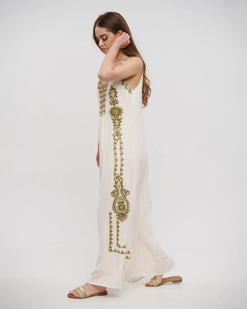ΦΟΡΕΜΑ ΜΑΚΡΥ ΑΜΑΝΙΚΟ ΣΕ ΛΕΥΚΟ ΧΡΩΜΑ ΜΕ ΧΡΥΣΕΣ ΛΕΠΤΟΜΕΡΕΙΕΣ ONE SIZE (100% RAYON)