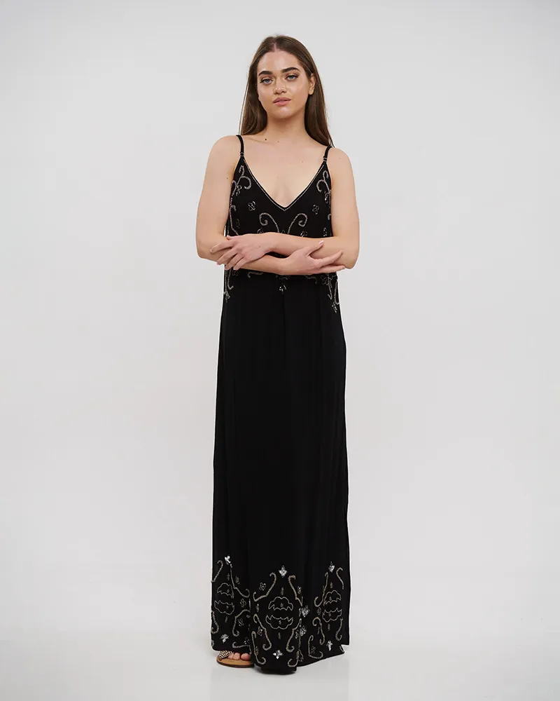 ΦΟΡΕΜΑ ΜΑΚΡΥ ΑΜΑΝΙΚΟ ΣΕ ΜΑΥΡΟ ΧΡΩΜΑ ΜΕ ΧΡΥΣΕΣ/ΚΑΦΕ ΛΕΠΤΟΜΕΡΕΙΕΣ ONE SIZE (100% RAYON)