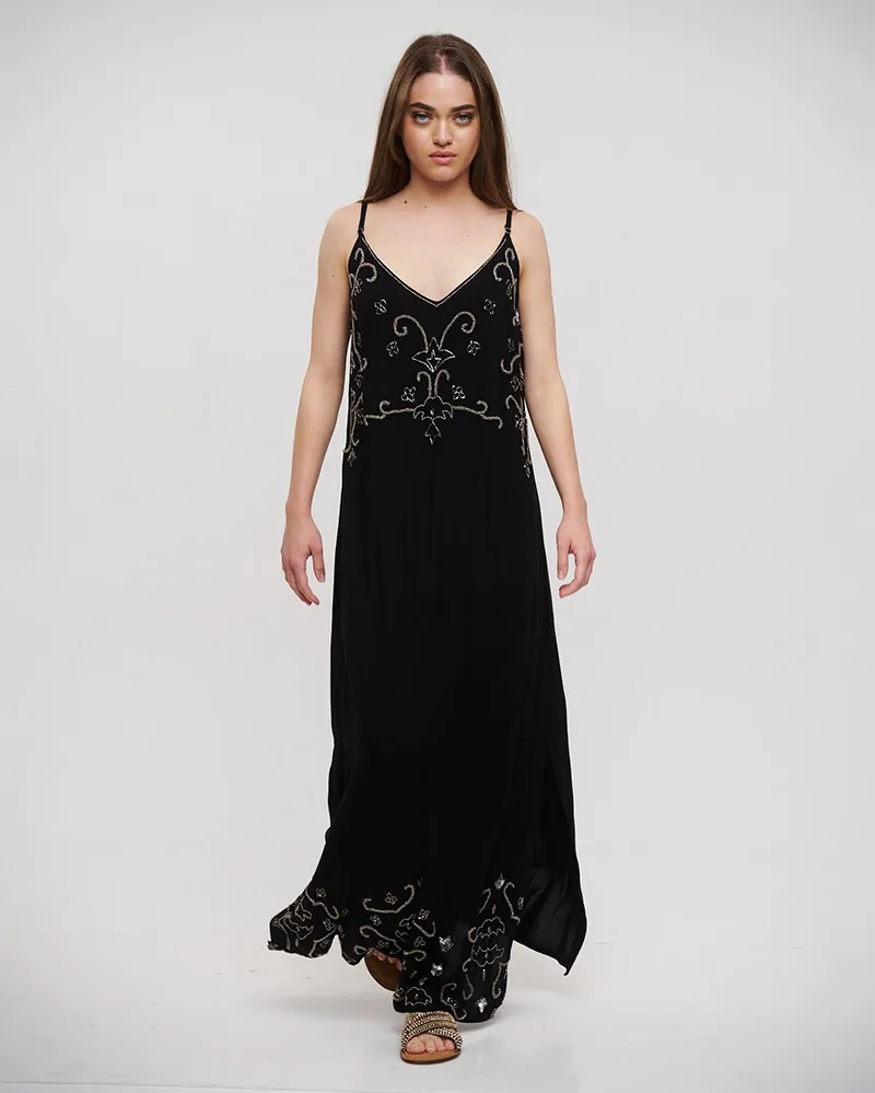 ΦΟΡΕΜΑ ΜΑΚΡΥ ΑΜΑΝΙΚΟ ΣΕ ΜΑΥΡΟ ΧΡΩΜΑ ΜΕ ΧΡΥΣΕΣ/ΚΑΦΕ ΛΕΠΤΟΜΕΡΕΙΕΣ ONE SIZE (100% RAYON)