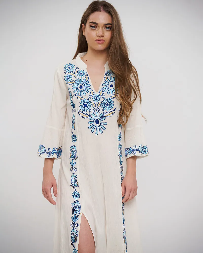 ΦΟΡΕΜΑ/TUNIC ΜΑΚΡY ME ΜΑΚΡΥ MANIKI ΣΕ ΛΕΥΚΟ ΧΡΩΜΑ ΜΕ ΜΠΛΕ ΚΕΝΤΗΜΑΤΑ ONE SIZE (100% COTTON)