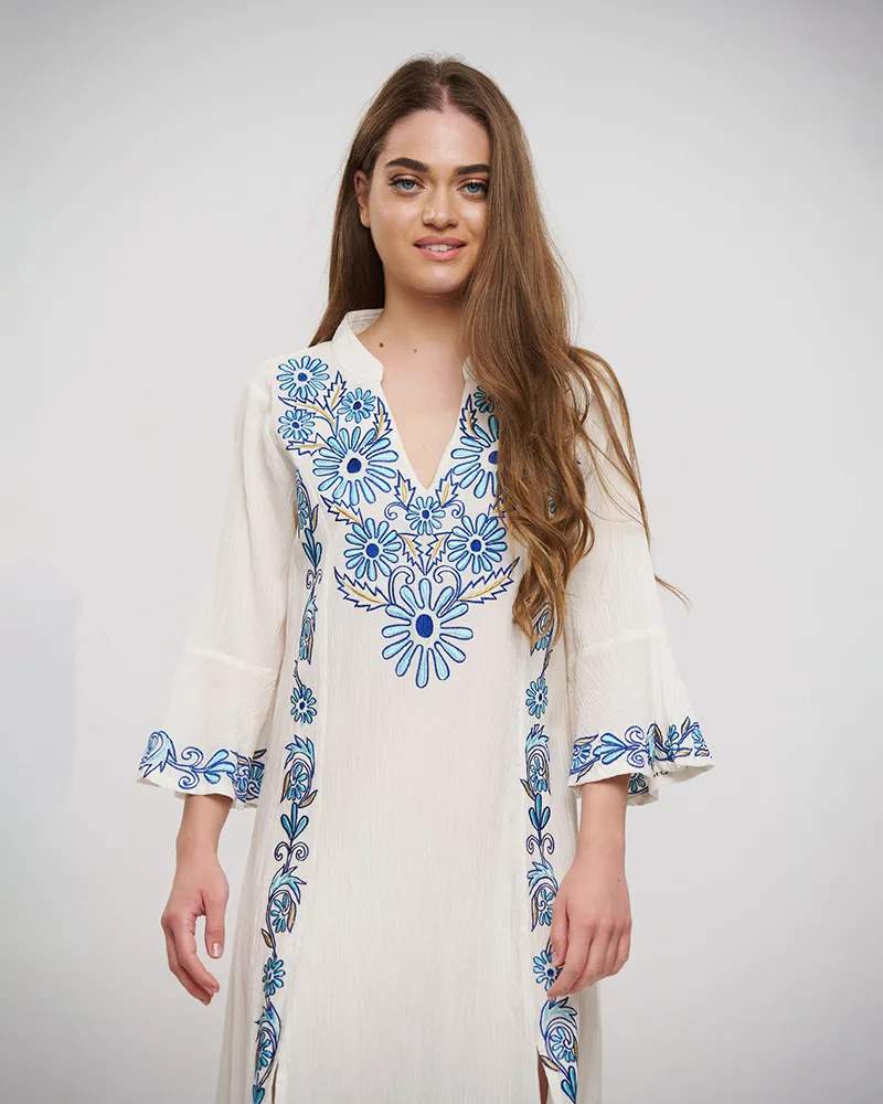 ΦΟΡΕΜΑ/TUNIC ΜΑΚΡY ME ΜΑΚΡΥ MANIKI ΣΕ ΛΕΥΚΟ ΧΡΩΜΑ ΜΕ ΜΠΛΕ ΚΕΝΤΗΜΑΤΑ ONE SIZE (100% COTTON)