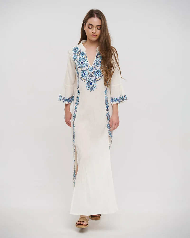 ΦΟΡΕΜΑ/TUNIC ΜΑΚΡY ME ΜΑΚΡΥ MANIKI ΣΕ ΛΕΥΚΟ ΧΡΩΜΑ ΜΕ ΜΠΛΕ ΚΕΝΤΗΜΑΤΑ ONE SIZE (100% COTTON)