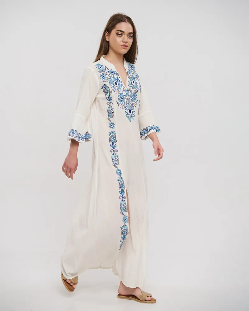 ΦΟΡΕΜΑ/TUNIC ΜΑΚΡY ME ΜΑΚΡΥ MANIKI ΣΕ ΛΕΥΚΟ ΧΡΩΜΑ ΜΕ ΜΠΛΕ ΚΕΝΤΗΜΑΤΑ ONE SIZE (100% COTTON)