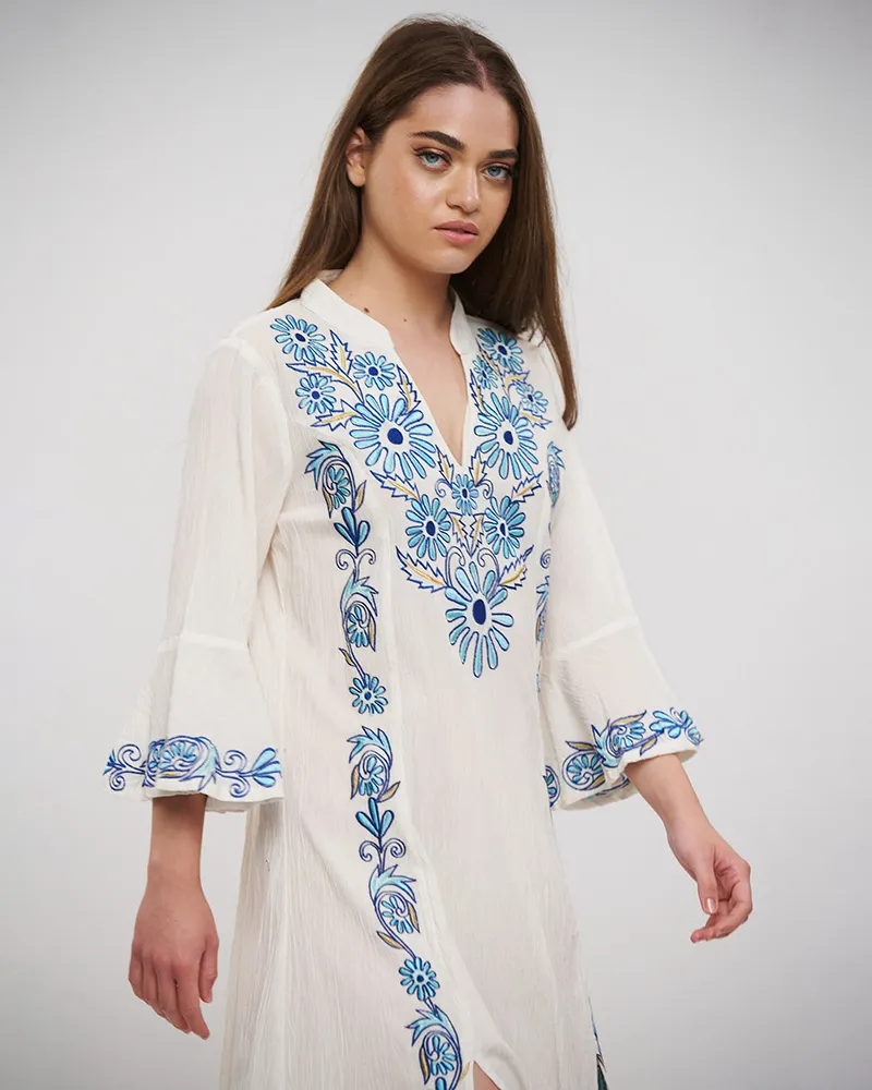 ΦΟΡΕΜΑ/TUNIC ΜΑΚΡY ME ΜΑΚΡΥ MANIKI ΣΕ ΛΕΥΚΟ ΧΡΩΜΑ ΜΕ ΜΠΛΕ ΚΕΝΤΗΜΑΤΑ ONE SIZE (100% COTTON)