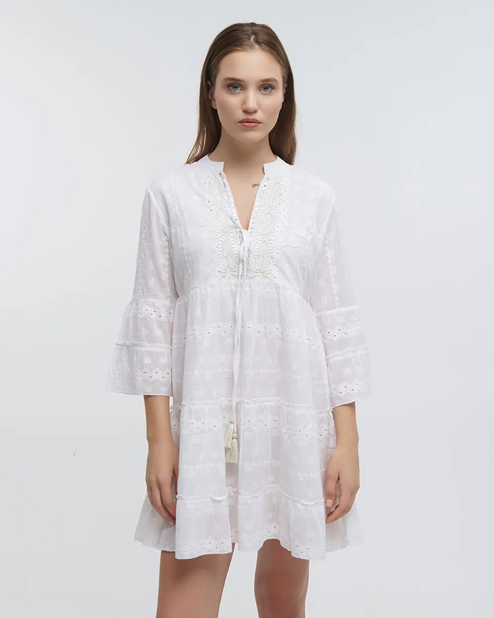 ΦΟΡΕΜΑ ΚΟΝΤΟ ΜΕ ΜΑΚΡΥ ΜΑΝΙΚΙ ΛΕΥΚΟ (100% COTTON)