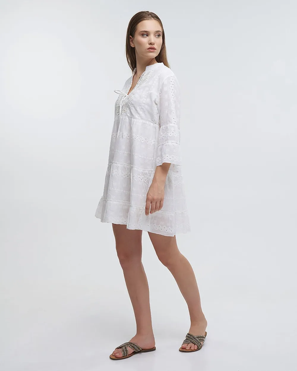 ΦΟΡΕΜΑ ΚΟΝΤΟ ΜΕ ΜΑΚΡΥ ΜΑΝΙΚΙ ΛΕΥΚΟ (100% COTTON)