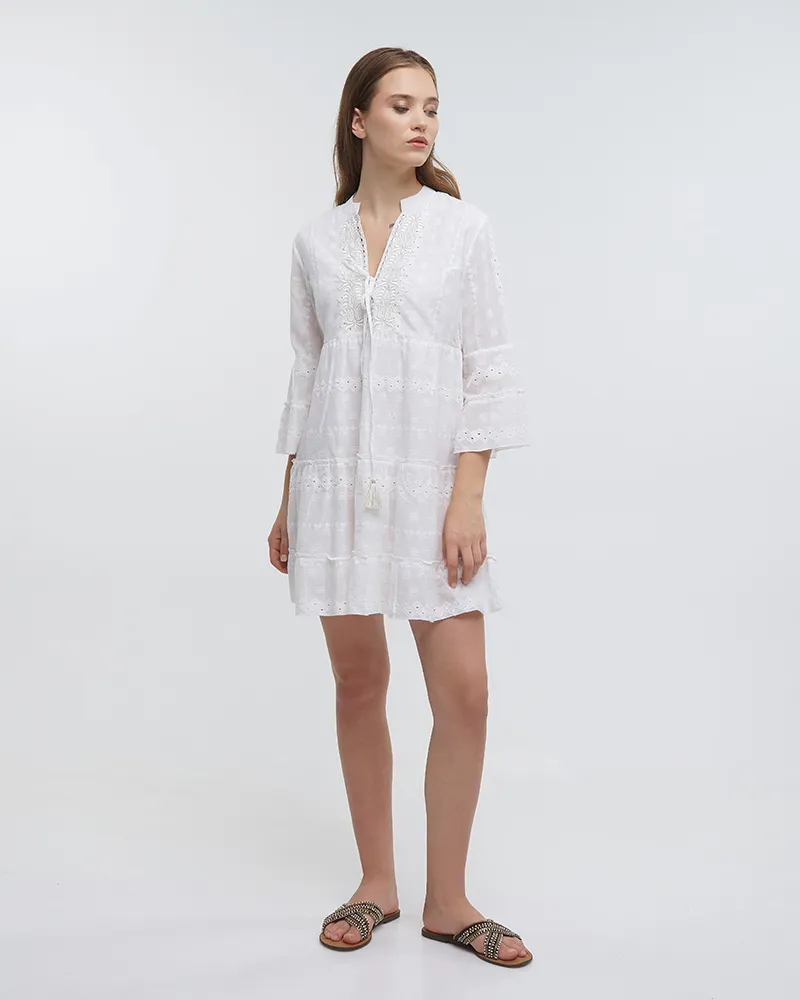 ΦΟΡΕΜΑ ΚΟΝΤΟ ΜΕ ΜΑΚΡΥ ΜΑΝΙΚΙ ΛΕΥΚΟ (100% COTTON)