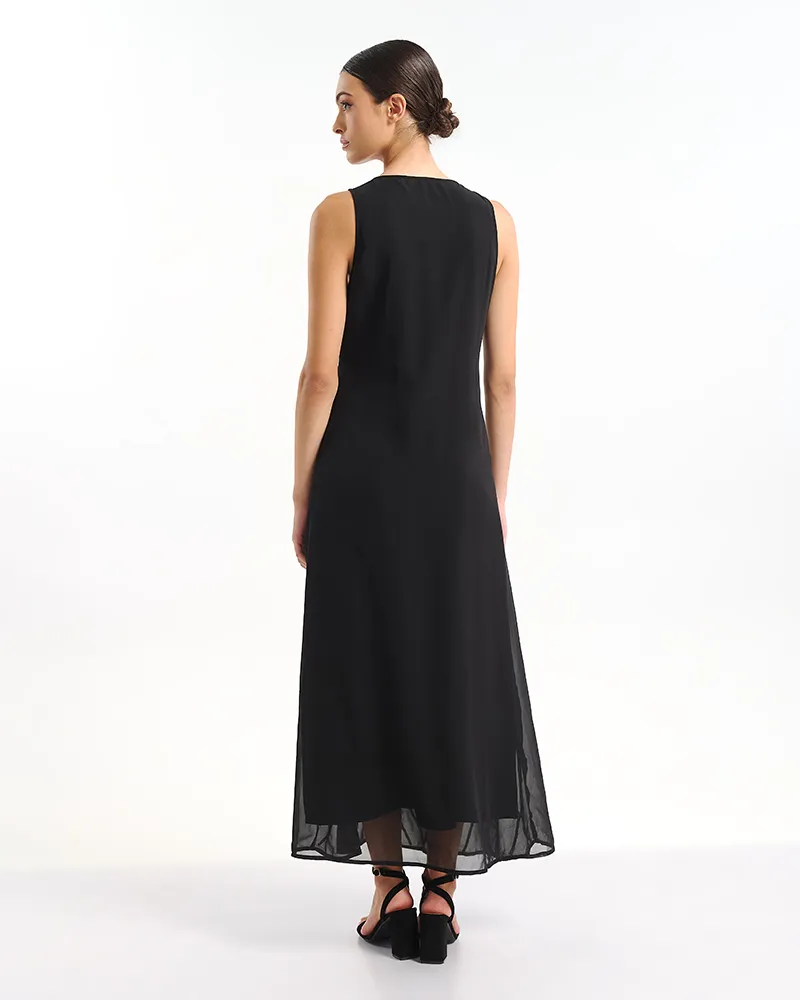 ΦΟΡΕΜΑ ΜΑΚΡΥ ΑΜΑΝΙΚΟ ΣΕ ΜΑΥΡΟ ΧΡΩΜΑ ΜΕ ΑΣΗΜΙ ΛΕΠΤΟΜΕΡΕΙΕΣ ONE SIZE (100% POLYESTER)