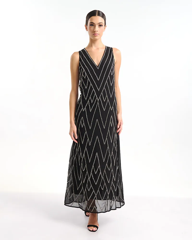 ΦΟΡΕΜΑ ΜΑΚΡΥ ΑΜΑΝΙΚΟ ΣΕ ΜΑΥΡΟ ΧΡΩΜΑ ΜΕ ΑΣΗΜΙ ΛΕΠΤΟΜΕΡΕΙΕΣ ONE SIZE (100% POLYESTER)