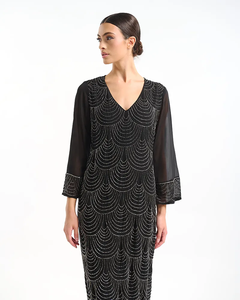 ΦΟΡΕΜΑ ΜΑΚΡΥ ΜΕ ΜΑΚΡΥ ΜΑΝΙΚΙ ΣΕ ΜΑΥΡΟ ΧΡΩΜΑ ΜΕ ΑΣΗΜΙ ΛΕΠΤΟΜΕΡΕΙΕΣ ONE SIZE (100% POLYESTER)