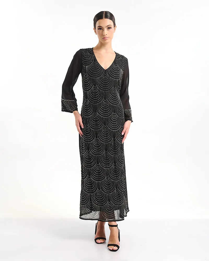 ΦΟΡΕΜΑ ΜΑΚΡΥ ΜΕ ΜΑΚΡΥ ΜΑΝΙΚΙ ΣΕ ΜΑΥΡΟ ΧΡΩΜΑ ΜΕ ΑΣΗΜΙ ΛΕΠΤΟΜΕΡΕΙΕΣ ONE SIZE (100% POLYESTER)