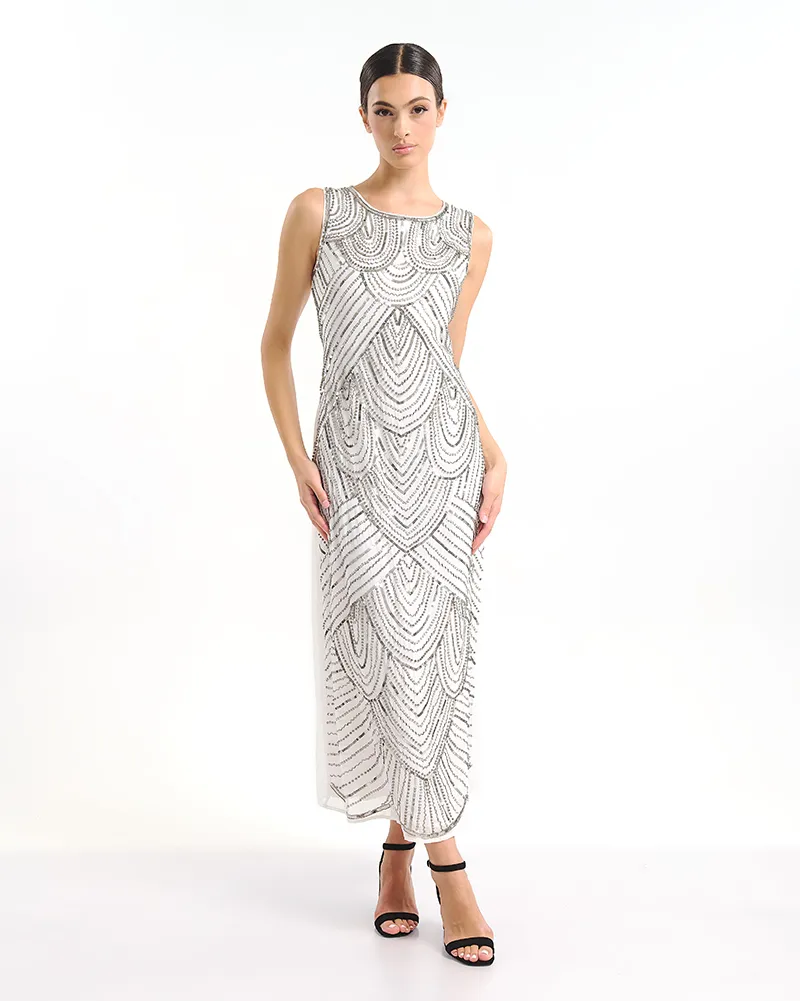 ΦΟΡΕΜΑ ΜΑΚΡΥ ΑΜΑΝΙΚΟ ΜΕ ΣΕ ΛΕΥΚΟ ΧΡΩΜΑ ΜΕ ΑΣΗΜΙ ΛΕΠΤΟΜΕΡΕΙΕΣ ONE SIZE (100% POLYESTER)