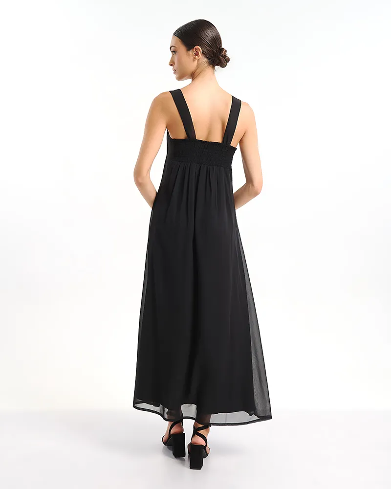 ΦΟΡΕΜΑ ΜΑΚΡΥ ΜΕ ΑΜΑΝΙΚΟ ΜΑΝΙΚΙ ΣΕ ΜΑΥΡΟ ΧΡΩΜΑ ΜΕ ΑΣΗΜΙ ΛΕΠΤΟΜΕΡΕΙΕΣ ONE SIZE ( 100% POLYESTER)