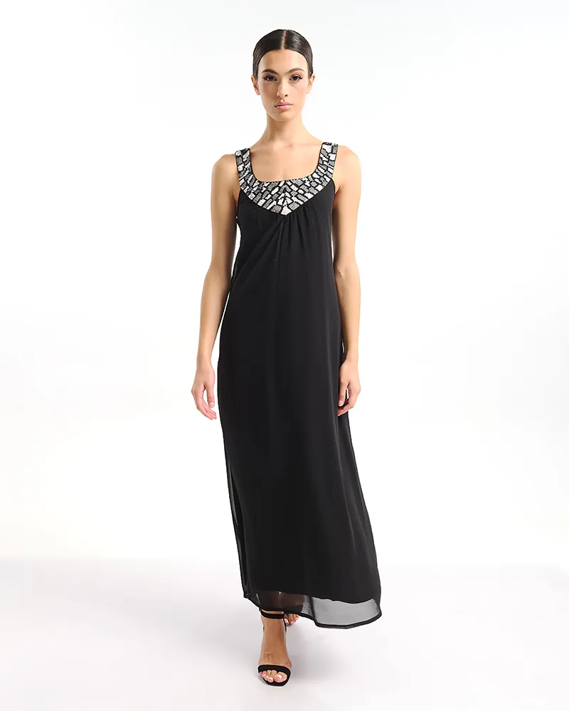 ΦΟΡΕΜΑ ΜΑΚΡΥ ΜΕ ΑΜΑΝΙΚΟ ΜΑΝΙΚΙ ΣΕ ΜΑΥΡΟ ΧΡΩΜΑ ΜΕ ΑΣΗΜΙ ΛΕΠΤΟΜΕΡΕΙΕΣ ONE SIZE ( 100% POLYESTER)