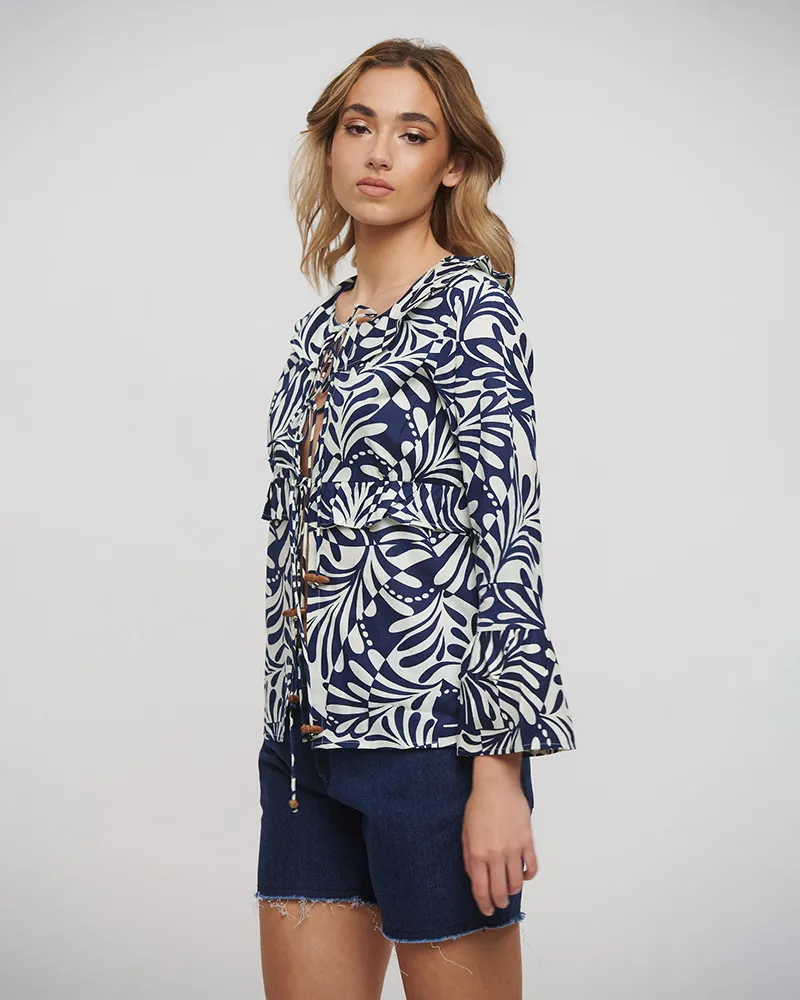 ΜΠΛΟΥΖΑ/KIMONO ΜΑΚΡΥΜΑΝΙΚΗ ΜΠΛΕ/ΛΕΥΚΟ ONE SIZE (100% COTTON)