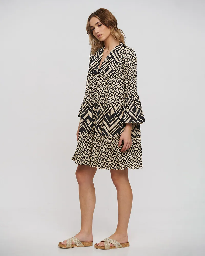 ΦΟΡΕΜΑ/TUNIC ΚΟΝΤΟ ΜΕ ΜΑΚΡΥ ΜΑΝΙΚΙ ΣΕ ΜΑΥΡΟ/ΜΠΕΖ ΧΡΩΜΑ ONE SIZE(100% COTTON)