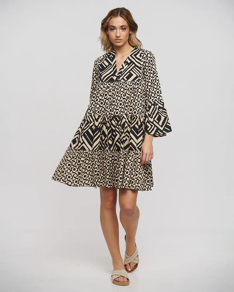 ΦΟΡΕΜΑ/TUNIC ΚΟΝΤΟ ΜΕ ΜΑΚΡΥ ΜΑΝΙΚΙ ΣΕ ΜΑΥΡΟ/ΜΠΕΖ ΧΡΩΜΑ ONE SIZE(100% COTTON)