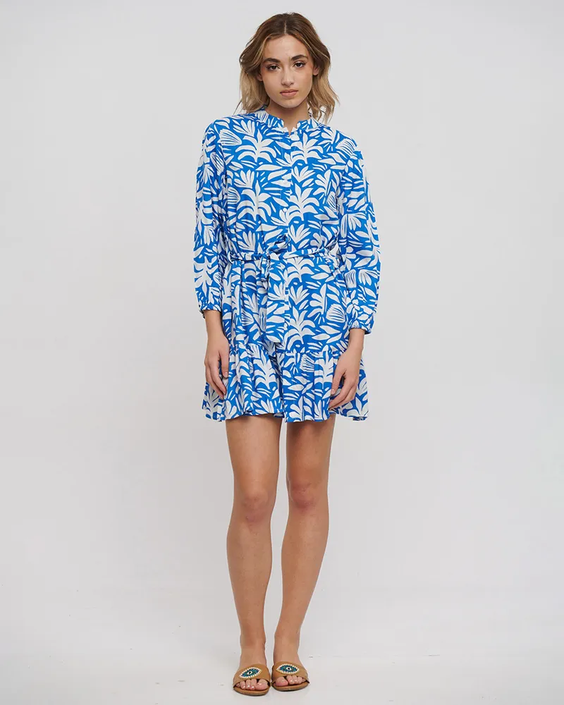 ΦΟΡΕΜΑ ΚΟΝΤΟ ΜΕ ΜΑΚΡΥ ΜΑΝΙΚΙ ΚΑΙ ΖΩΝΗ ΣΕ ΜΠΛΕ/ΛΕΥΚΟ ΧΡΩΜΑ ONE SIZE(100% RAYON)