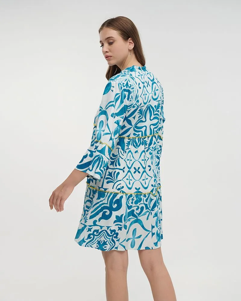 ΦΟΡΕΜΑ ΚΟΝΤΟ ΜΕ ΜΑΚΡΥ ΜΑΝΙΚΙ ΣΕ ΛΕΥΚΟ/ΤΥΡΚΟΥΑΖ ΧΡΩΜΑ ONE SIZE (100% VISCOSE)